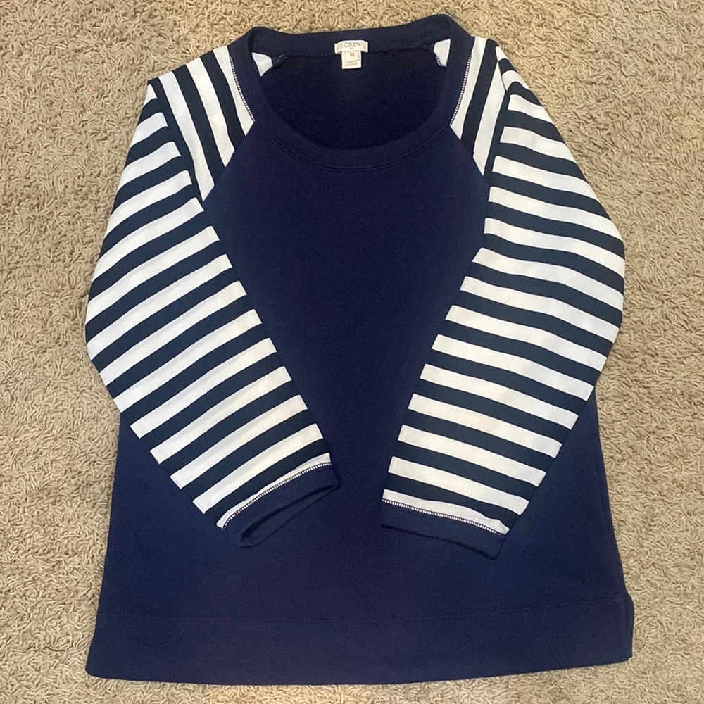 J Crew navy sweatshirt with silky semi-sheer striped sleeves size Med. EUC
